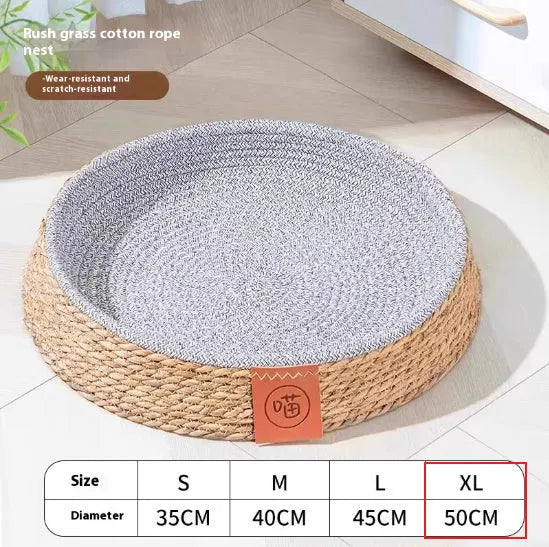 A rattan woven cat nest bed available in sizes S, M, L, and XL for pet comfort.