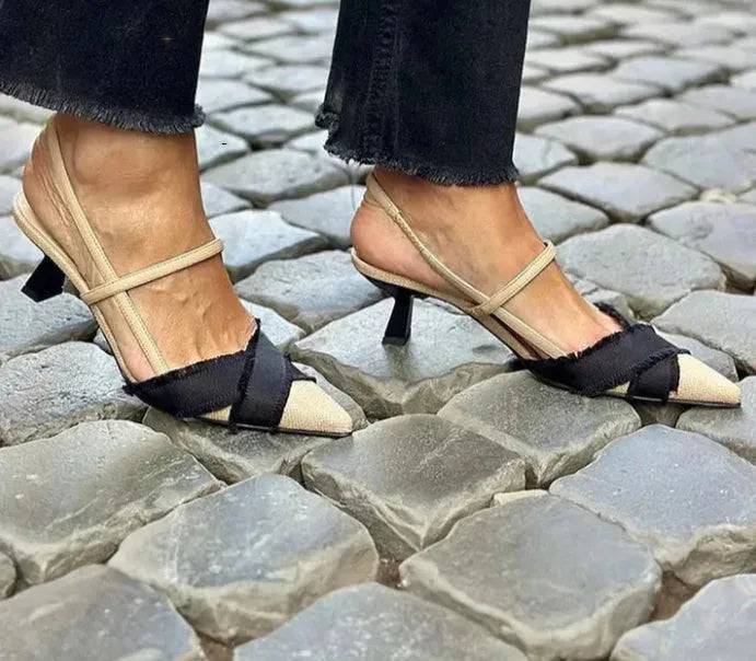 Women's apricot black colour block pointed-toe stiletto sandals with buckle closure