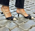 Women's apricot black colour block pointed-toe stiletto sandals with buckle closure