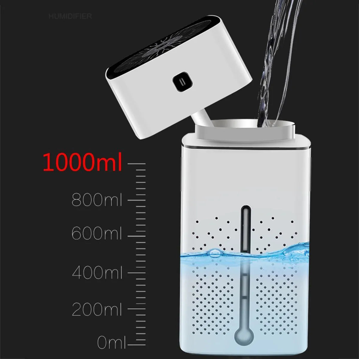 Black or white USB-powered desktop humidifier with 1000ml water tank.