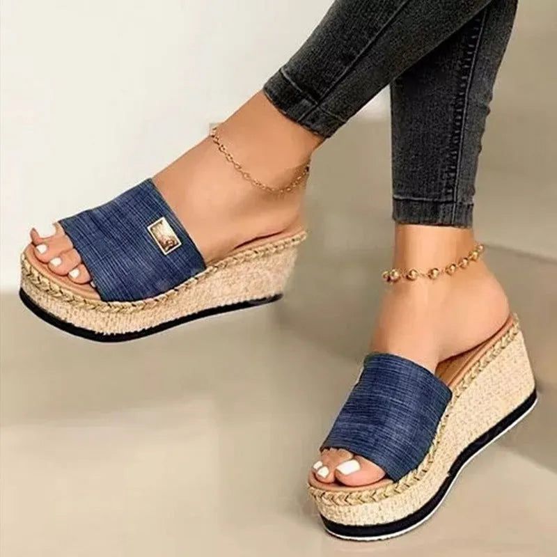 Women's wedge heel platform sandals with cloth upper and metal detail, plain style, front view