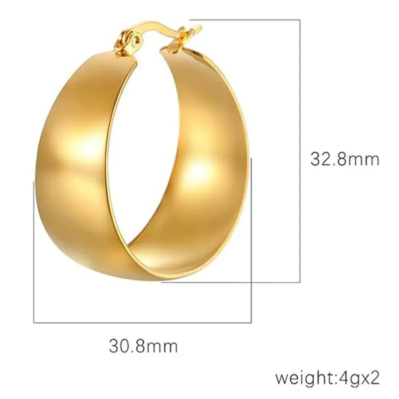 Stainless steel widened curved earrings in gold or steel colour, 25mm or 30mm sizes