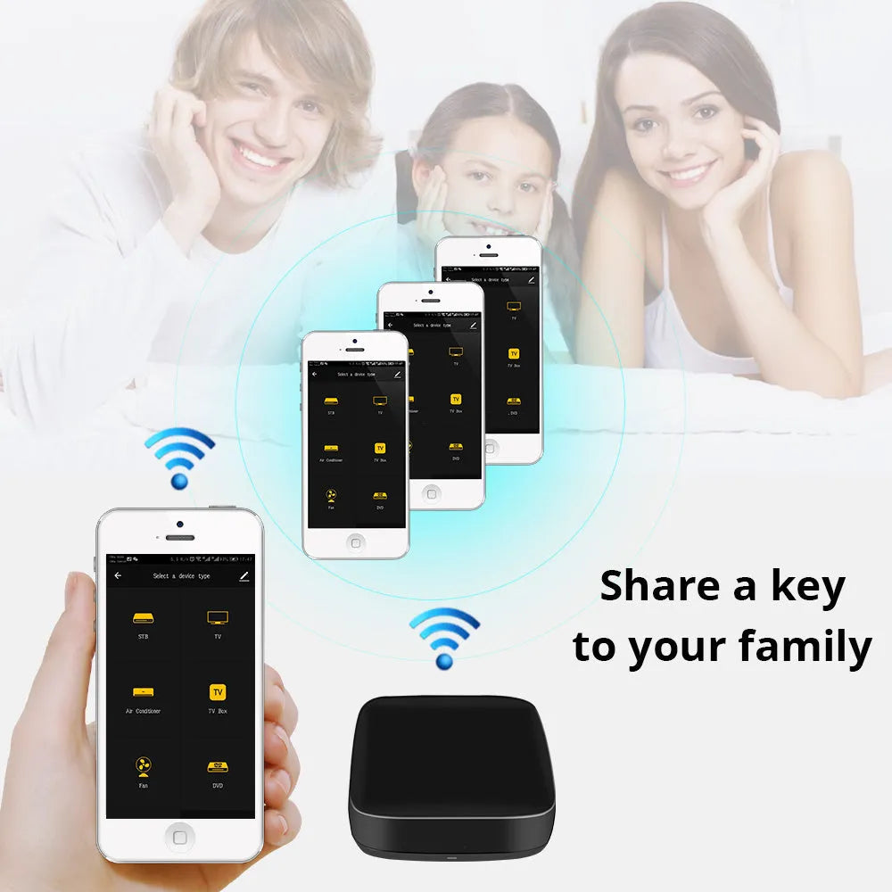 Black universal infrared remote control with voice command capability and environmental sensors