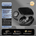 Creative design ear-mounted wireless headphones with a digital display screen on the earpiece.