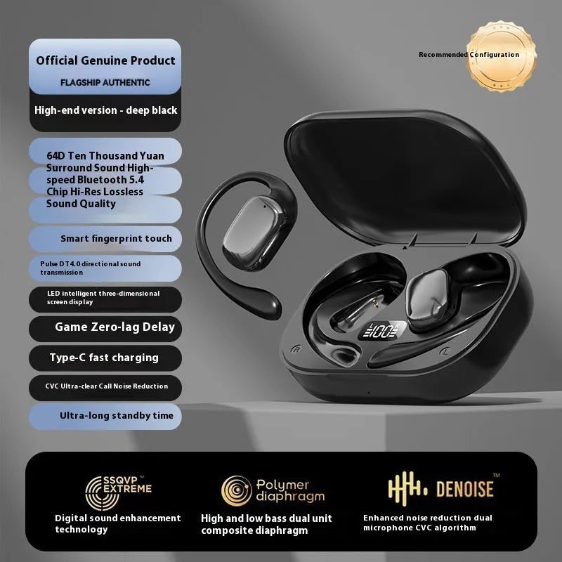 Creative design ear-mounted wireless headphones with a digital display screen on the earpiece.