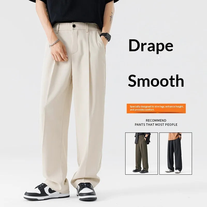 Men's casual fleece-lined trousers in solid colour, mid waist, zipper fly, Ice Silk fabric, loose fit