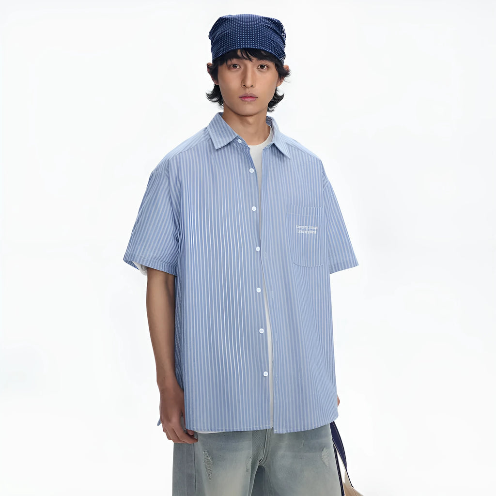Blue striped loose fit cotton blend overshirt with short sleeves and cardigan style