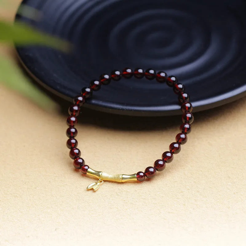 Natural garnet bamboo joint bracelet with 6mm single ring design in copper or silver finish
