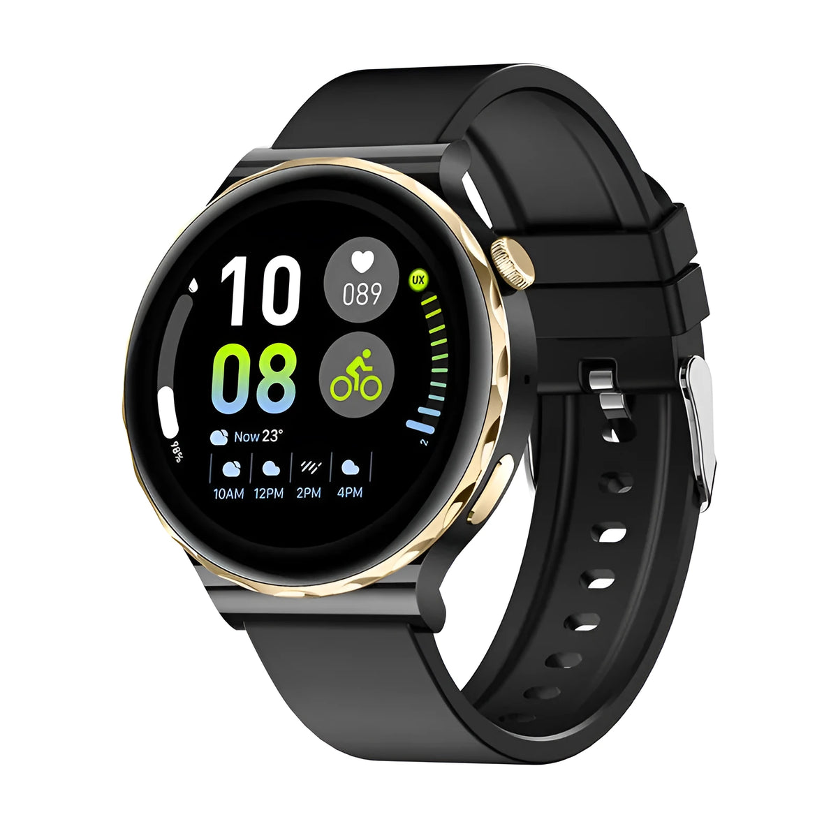HW52 smart watch with zinc alloy round dial, IPS touch screen, shown in Black Gold, Platinum or White
