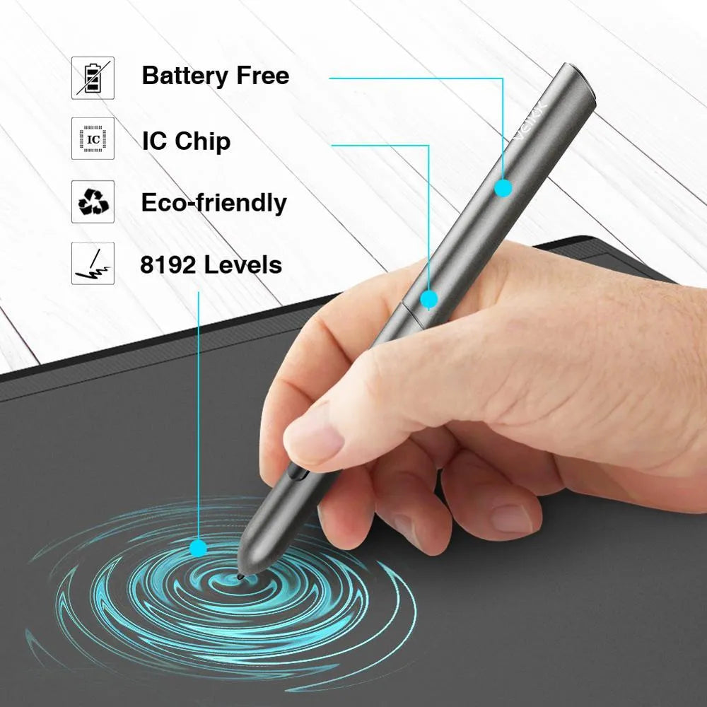 VEIKK A30 drawing tablet with battery-free stylus on desk showing 10x6 inch active area