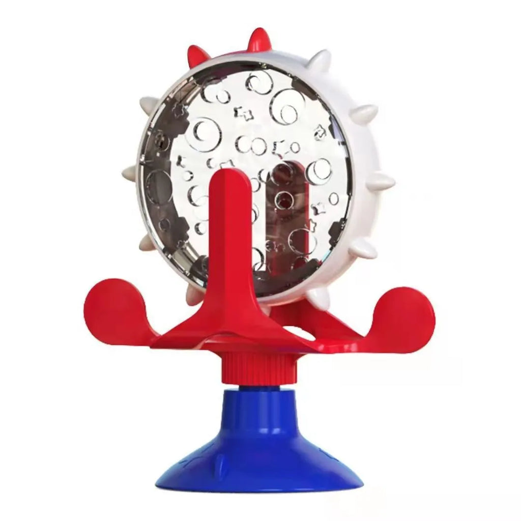 Interactive pet slow feeder toy with spinner design in blue, green, red or yellow colours