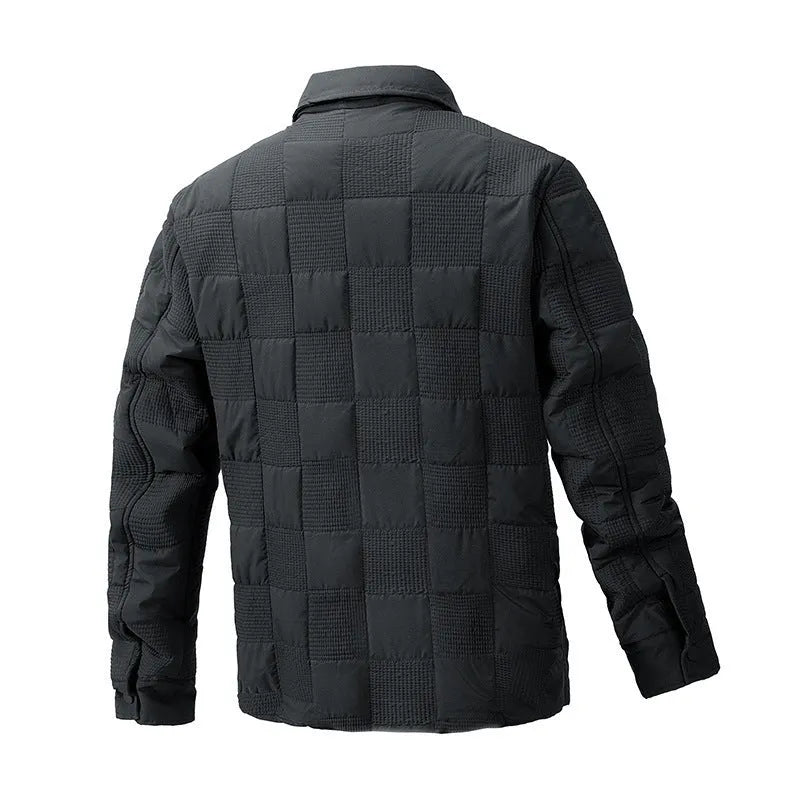 Men's quilted polo collar jacket in army green, showing the cotton lining and mid-length sleeve cut.