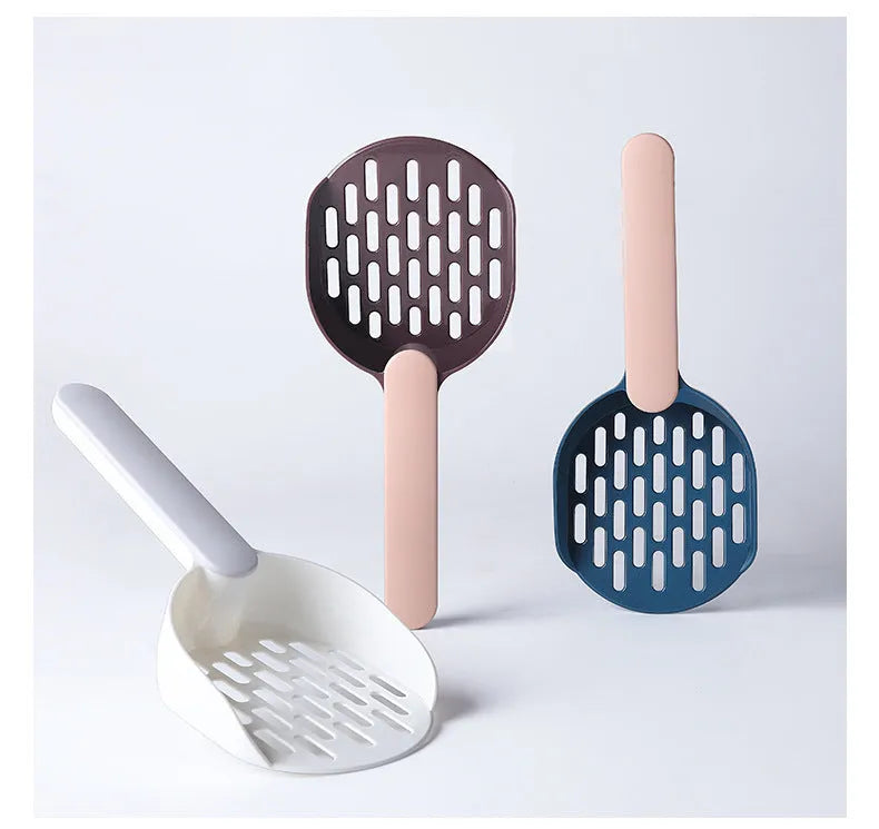Blue plastic cat litter scoop for cleaning pet litter boxes.
