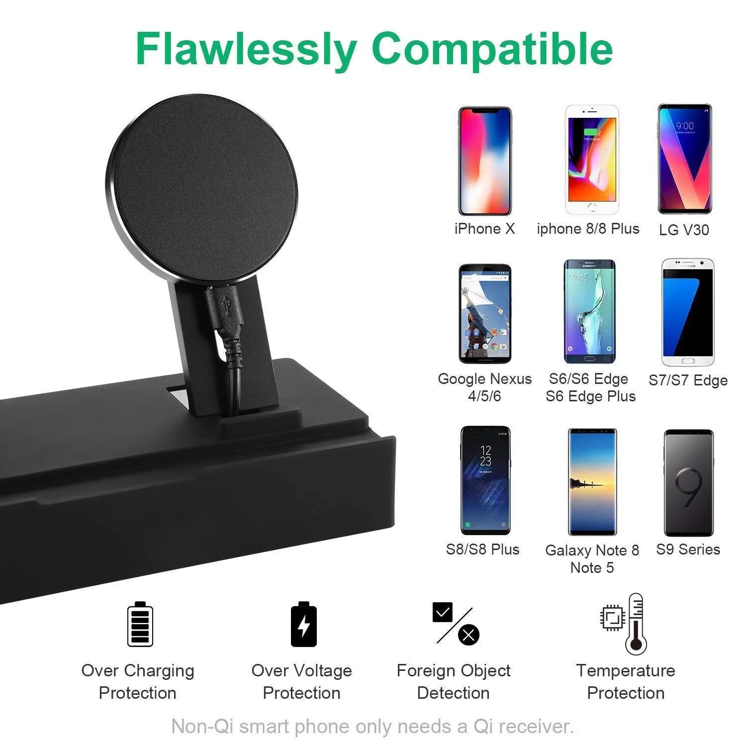 Black eight-in-one wireless charging station bracket with five USB ports and a circular aluminium alloy wireless charging pad.