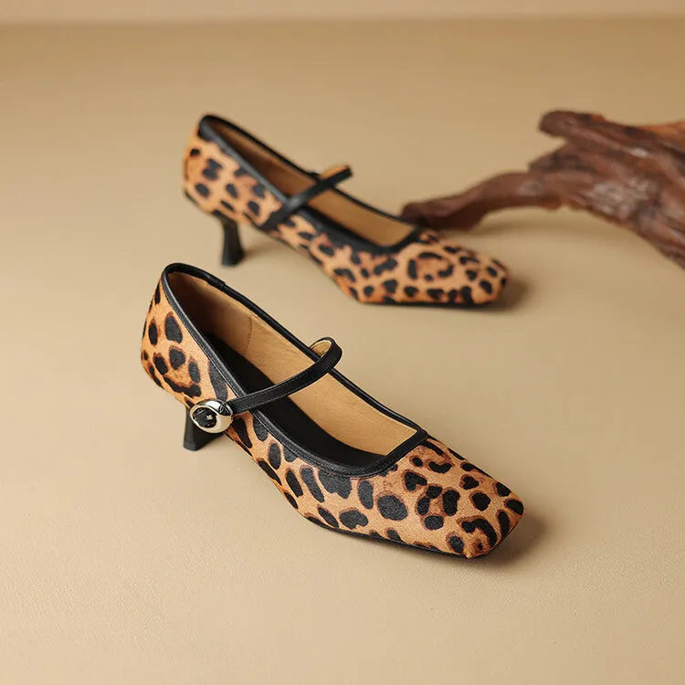 Women's black square toe stiletto heel ankle-strap shoes with horse hair upper