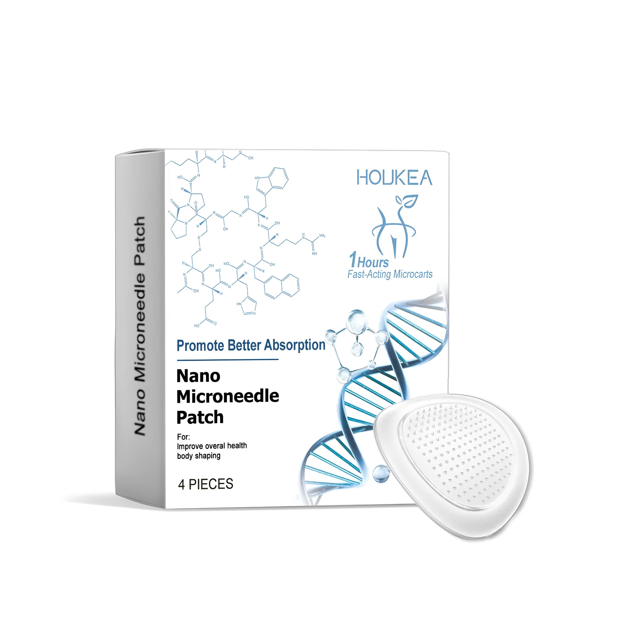 A pack containing four individual nano microneedle patches for topical skin application.
