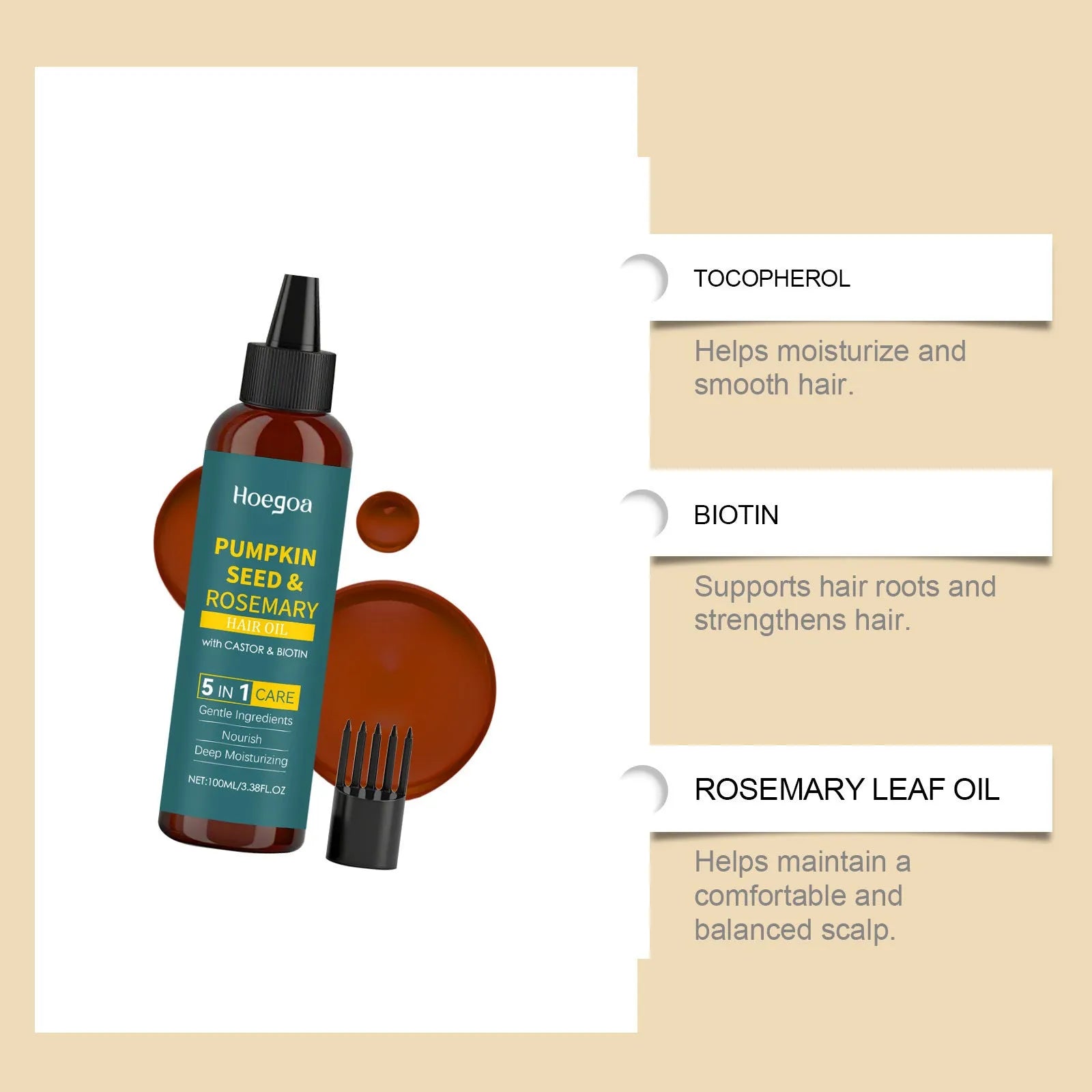 Rosemary essential oil hair care set with 100ml bottle, pointed applicator nozzle, and hair comb
