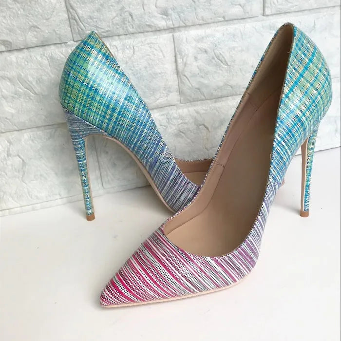 Women's pink and blue gradient patent leather pointed toe stiletto heels on a white background