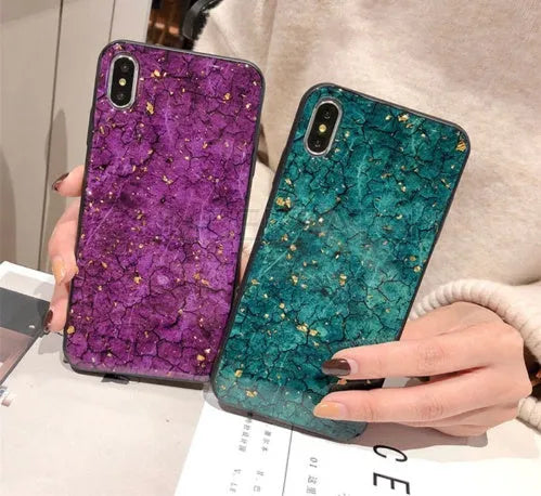 Hard clear silicone phone case with gold foil epoxy purple decoration for iPhone and Huawei smartphones