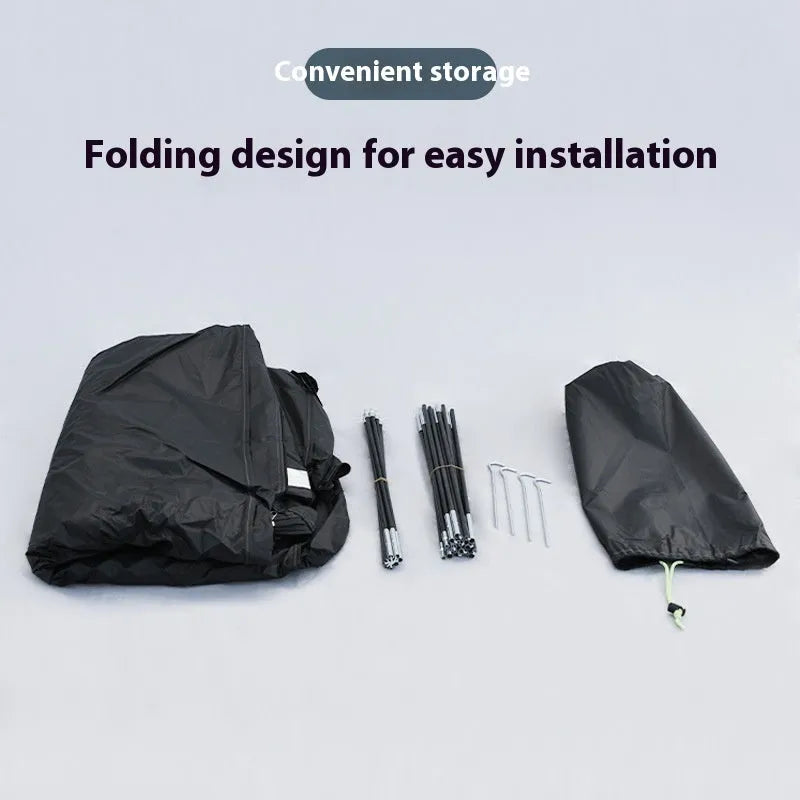 Black outdoor bicycle storage tent showing roof design for 2-3 bike weather protection
