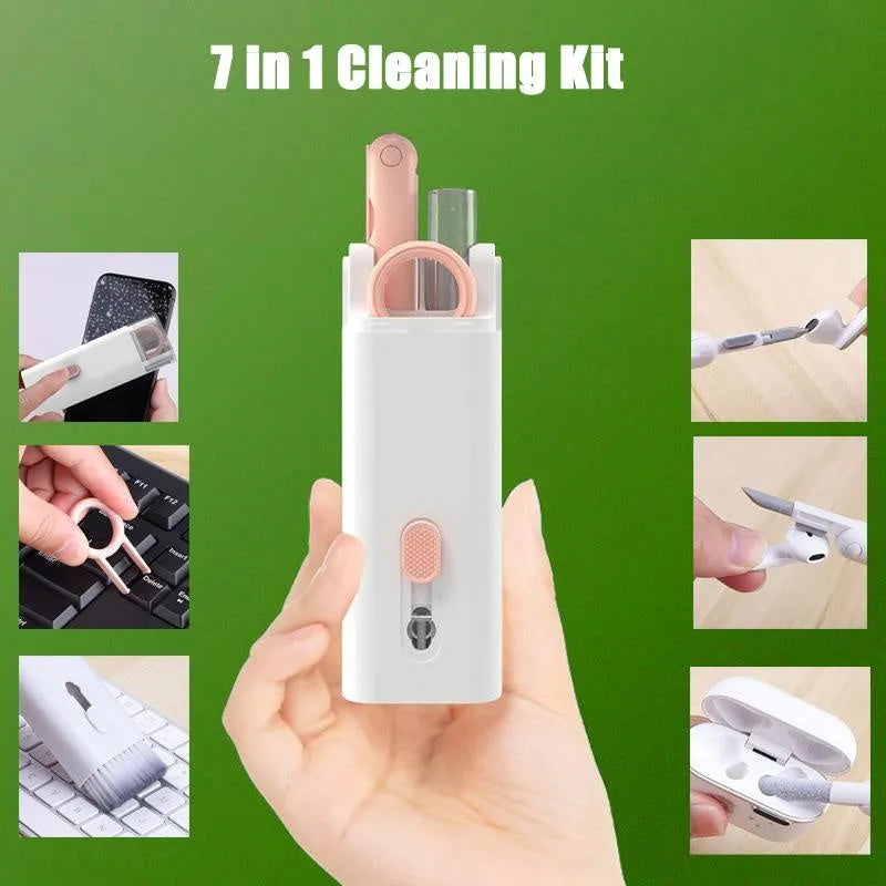 White multifunctional electronic cleaning kit with foldable pen, retractable brush, keycap puller, and spray bottle.
