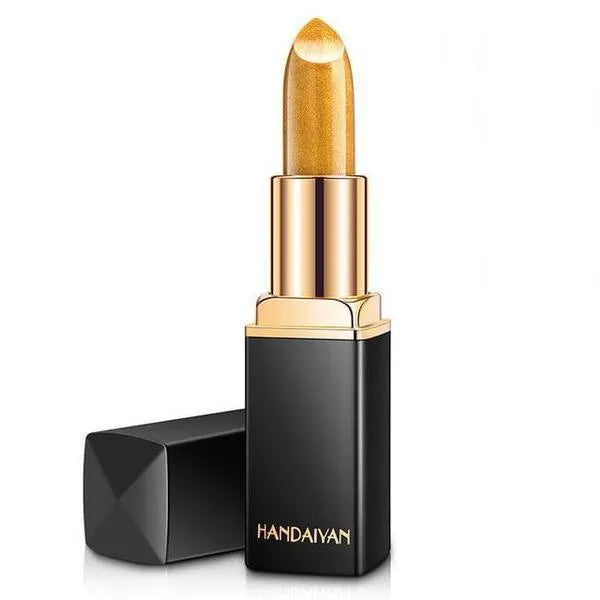 Pearlescent thermochromic lipstick in a standard bullet format with colour-shifting finish, available in nine shades