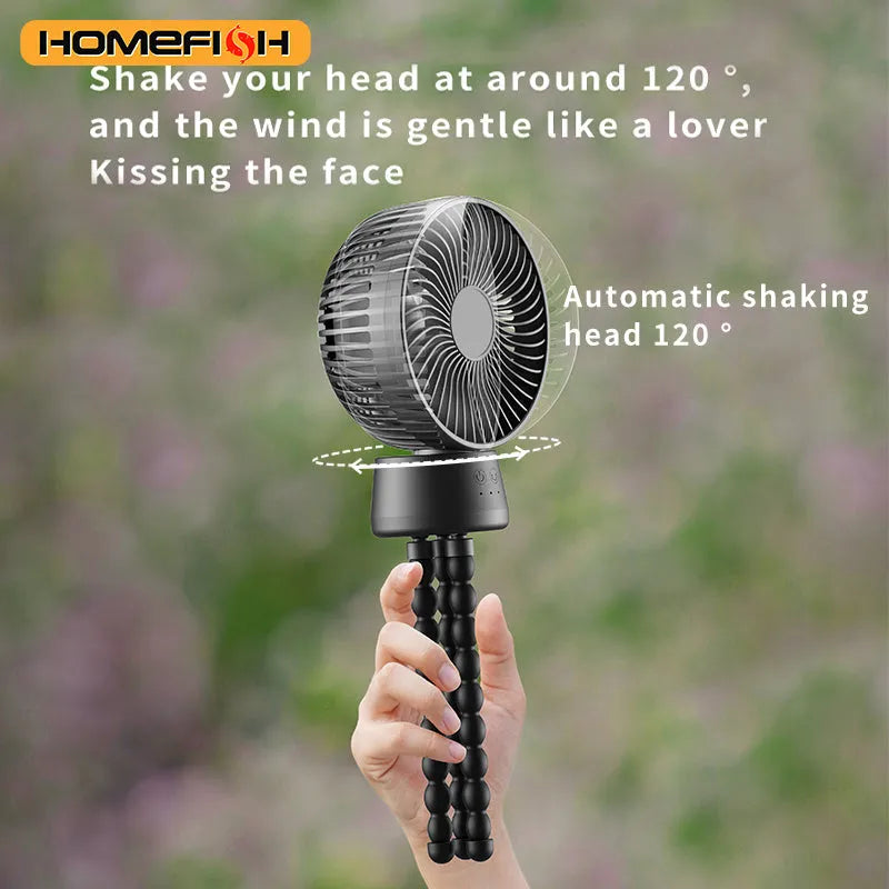 HOMEFISH F2 handheld fan with automatic shake head, LED light, and removable mounting bracket.