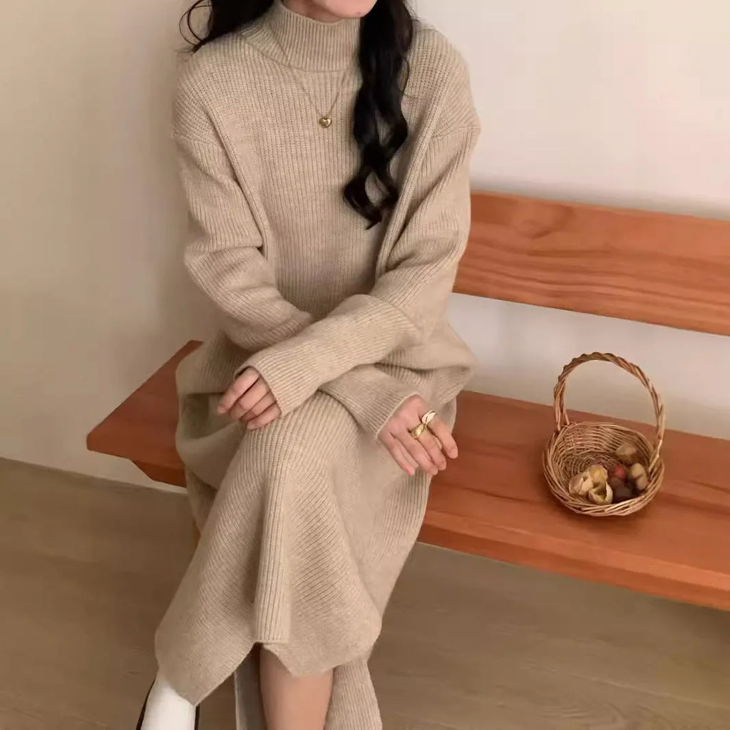 Half turtleneck high-waist knitted dress in acrylic fabric for office wear
