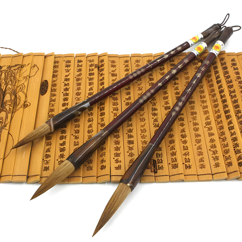 Traditional Chinese calligraphy brush set with wolf hair bristles in large, medium, and small sizes for Longfeng painting