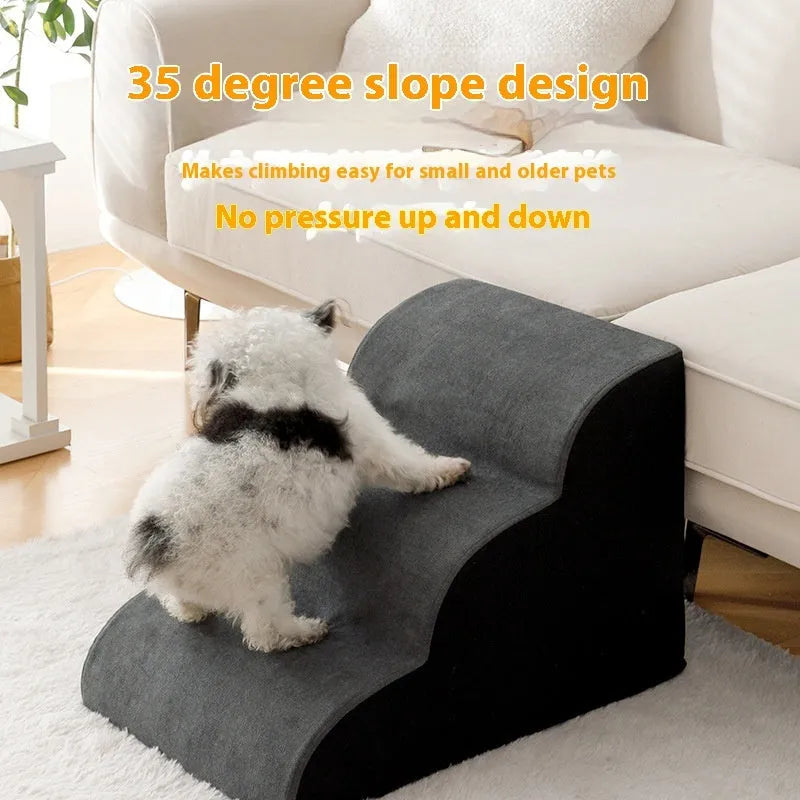Brown wooden pet stairs with removable fabric steps helping a small dog reach a sofa