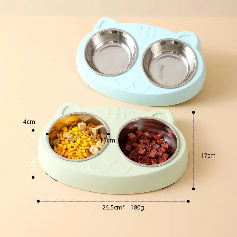 Macaron coloured plastic pet feeder tray with two bowls and a non-slip base.