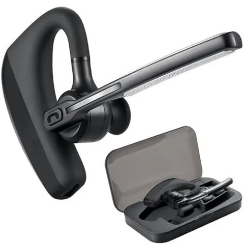 Black wireless Bluetooth headset with charging compartment showing independent ear pieces