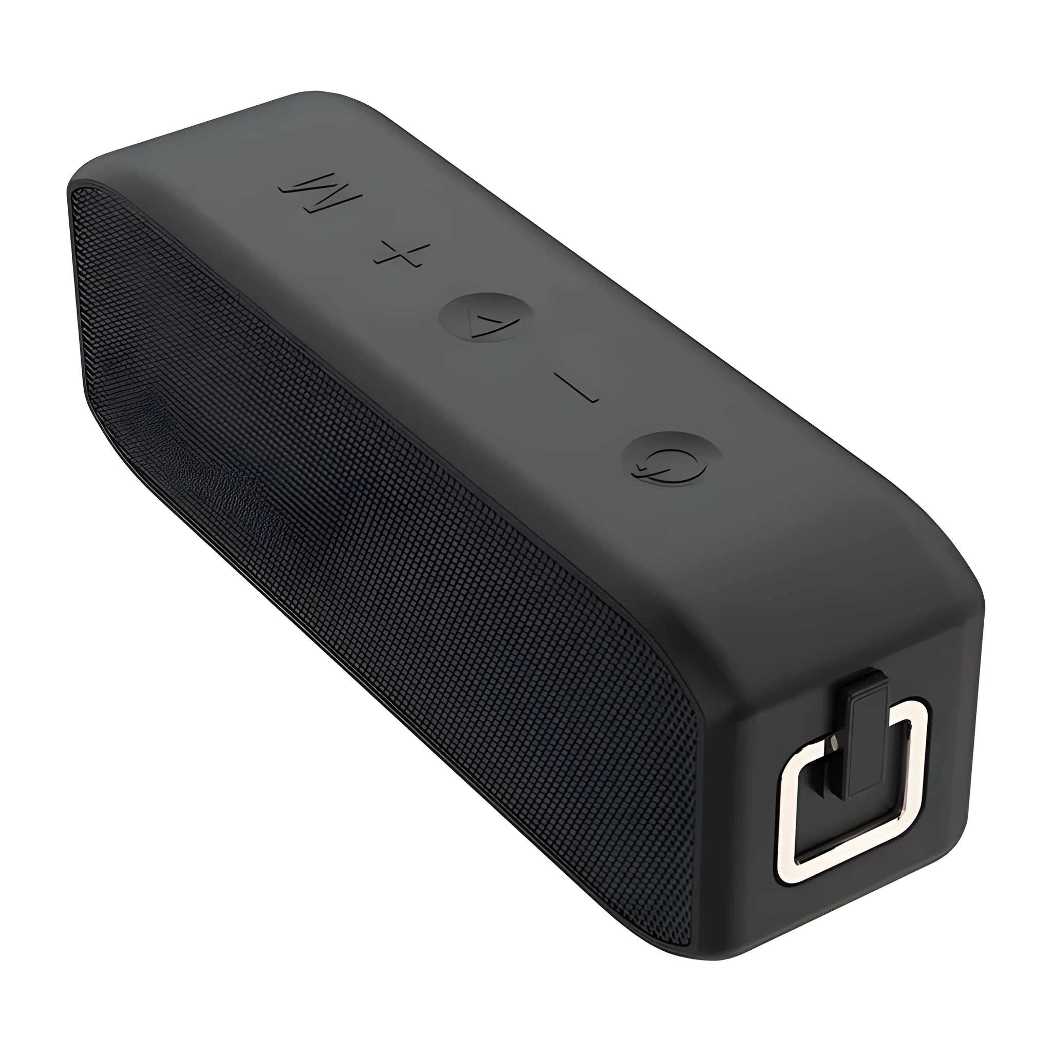 Black wireless waterproof Bluetooth speaker with 20W output power and 12-hour battery life