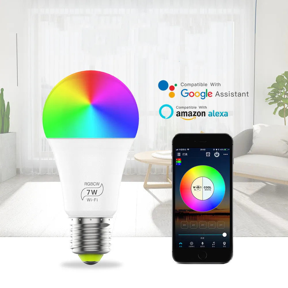 A white smart WiFi LED light bulb with a standard E27 screw base, shown with colourful light effects.