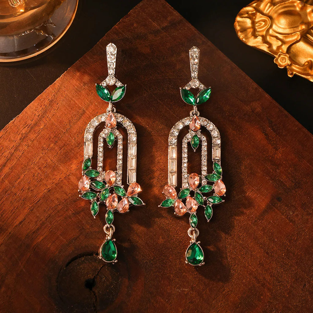 Alloy flower cluster tassel earrings 8.5cm women's drop earrings blue green Chinese style