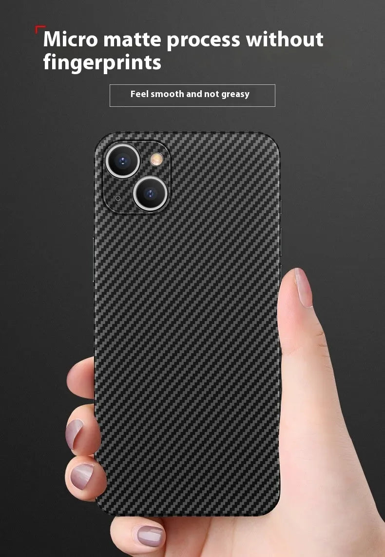 Black ultra-thin hard shell phone case with carbon fibre grain finish and anti-fingerprint PP rear cover.