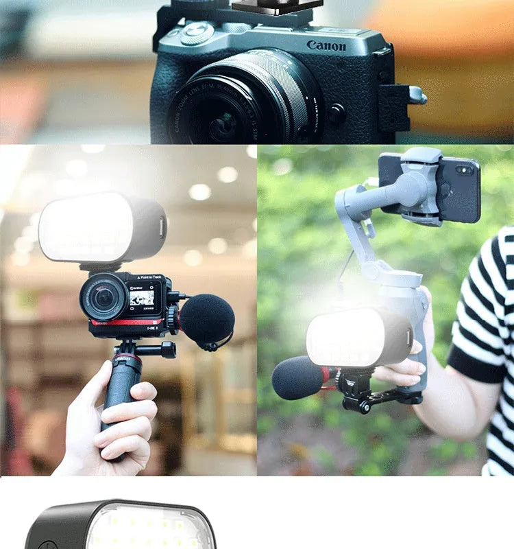ST-30 black mobile phone fill light with digital display, mounted on a cold shoe next to six coloured photography palettes.