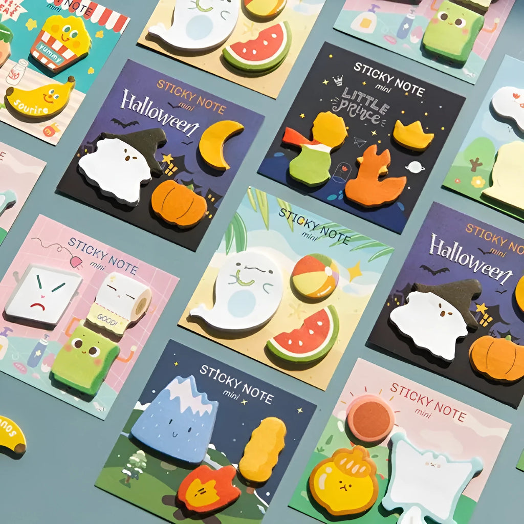 Halloween Post-it notes with pumpkin pattern showing 90x90mm size and removable adhesive