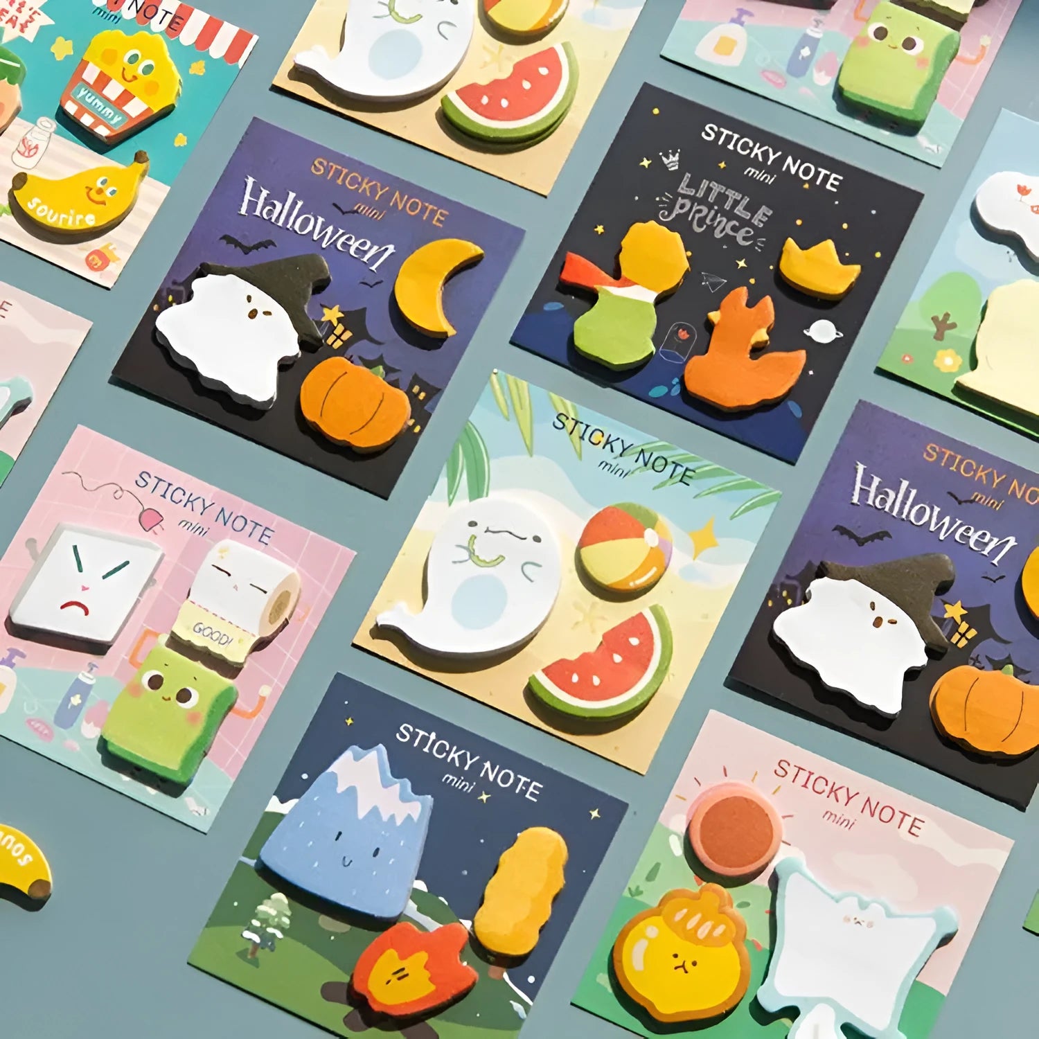 Halloween Post-it notes with pumpkin pattern showing 90x90mm size and removable adhesive