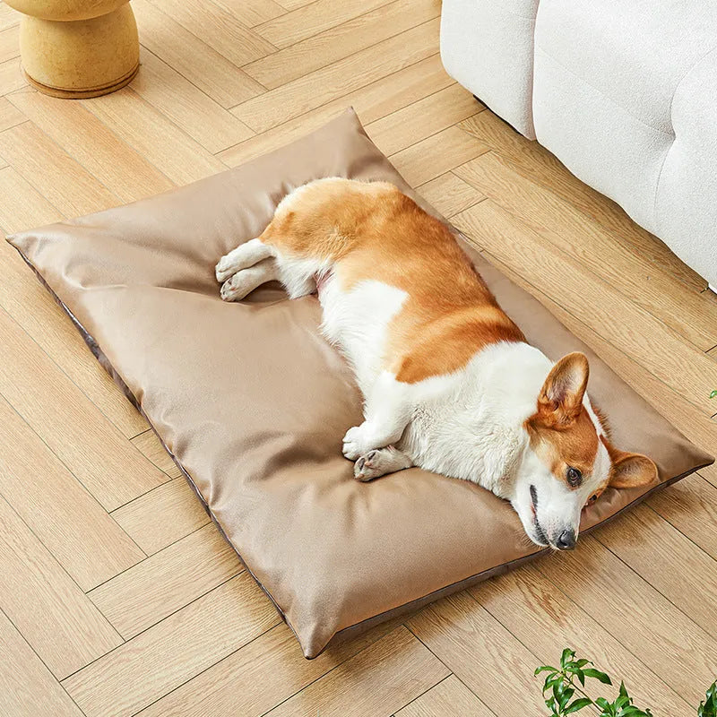 Cool summer pet nest sleeping mat in blue or coffee colour showing size options S M L XL