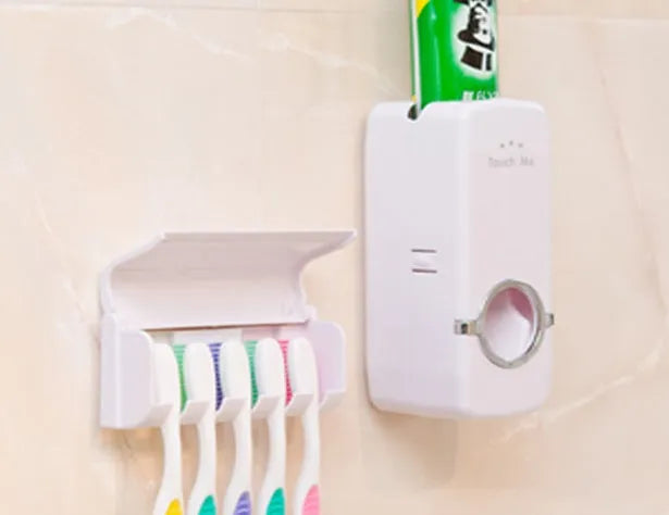 White and wine red plastic silicone bathroom organiser set with two wall-mounted holders for toothbrushes and toothpaste.