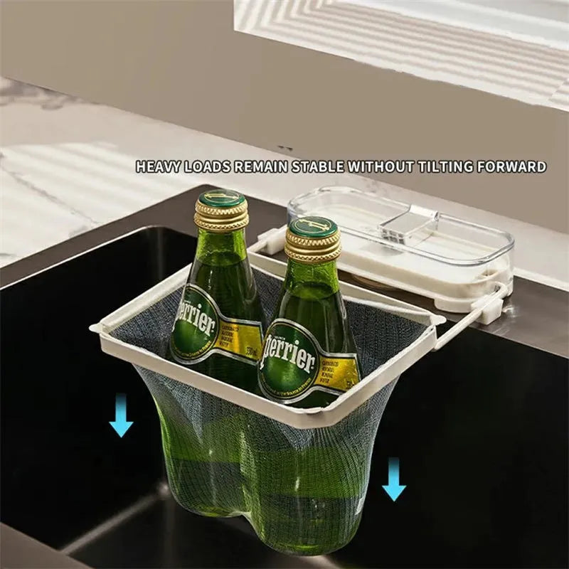 Dark green gold kitchen sink filter rack with suction cups and disposable filter screens on stainless steel sink