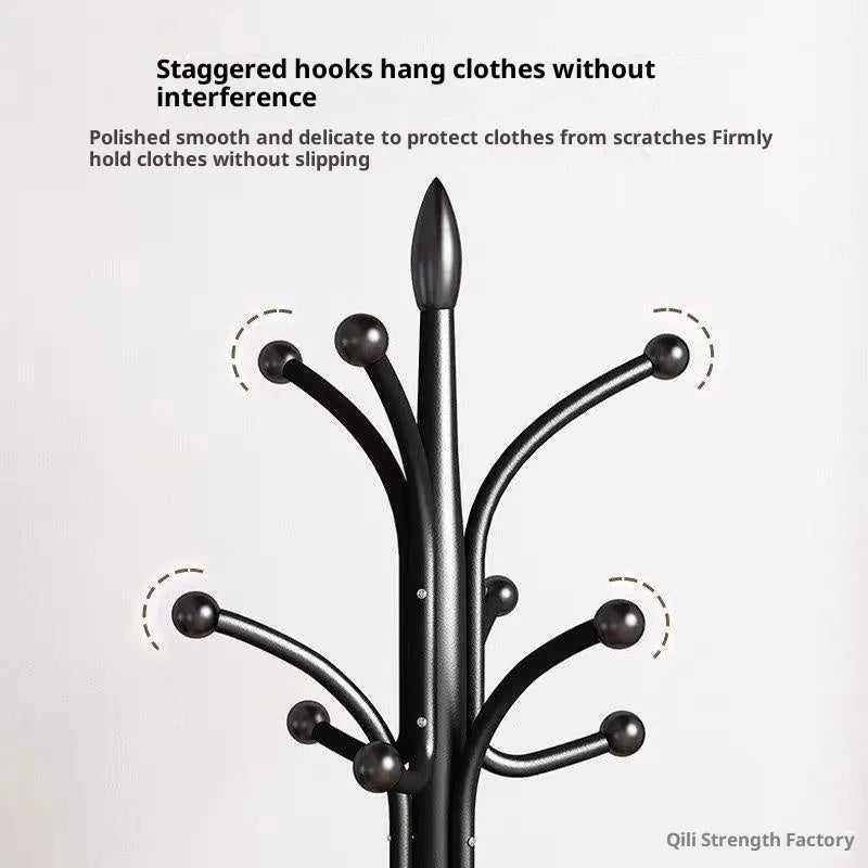 Floor-standing metal coat rack in Black with vertical multiple hooks for bedroom or hallway use