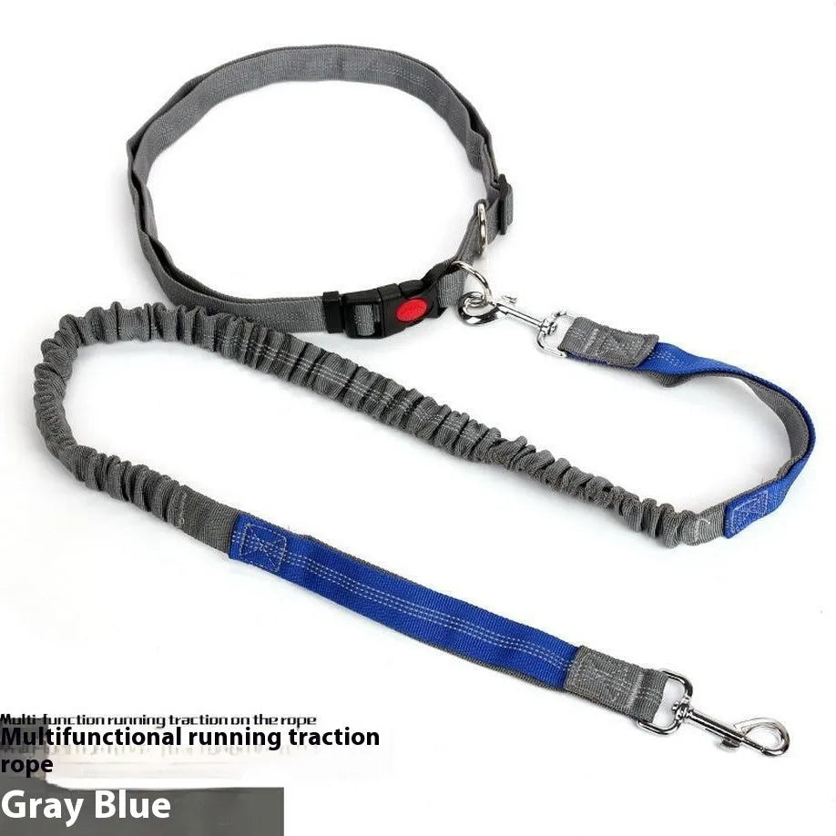 Grey and green hands-free running dog leash with reflective strips and elastic sling design