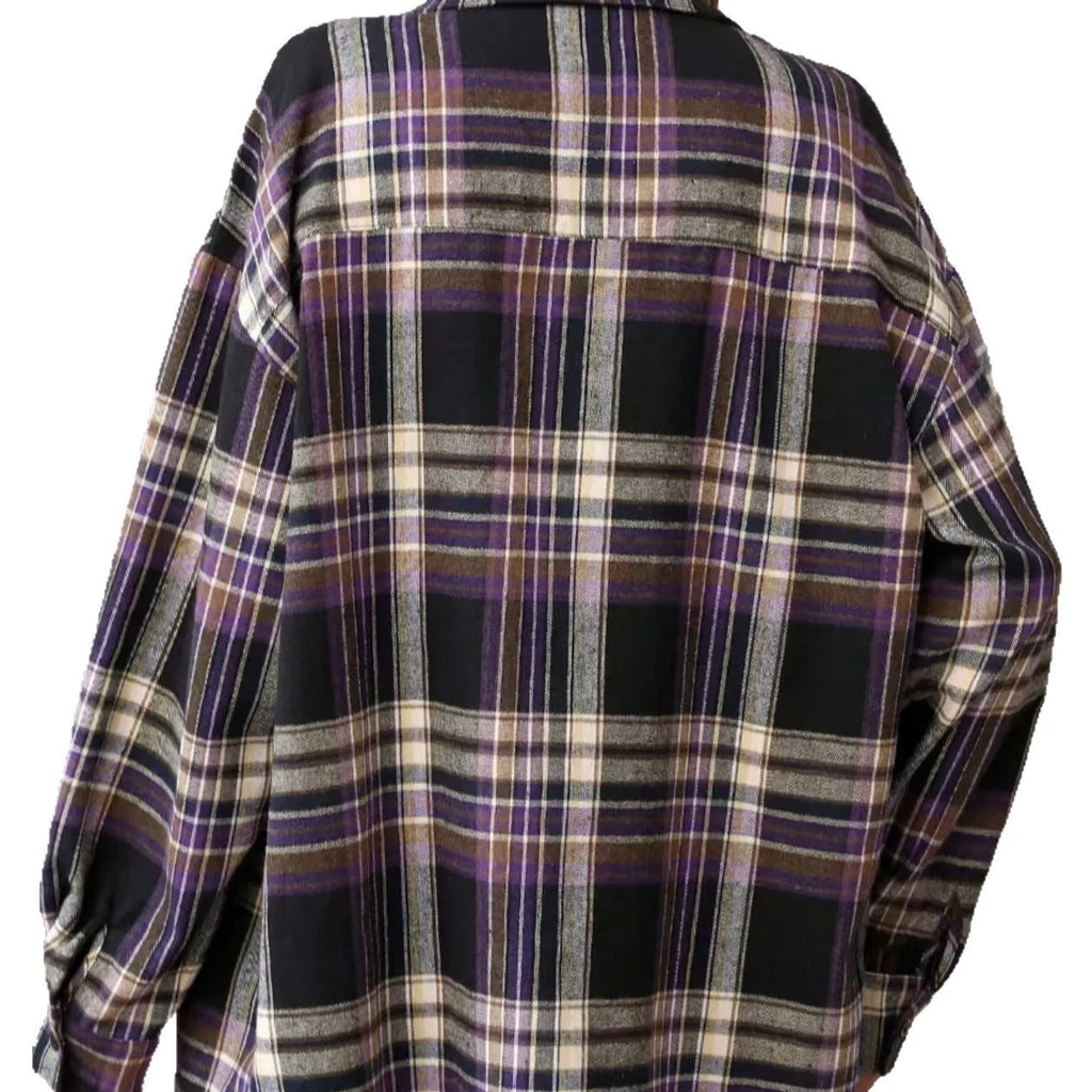 Women's casual loose retro cotton plaid shirt in black, green, or purple