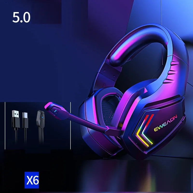 Black wireless Bluetooth headset with RGB lighting on the ear cups.