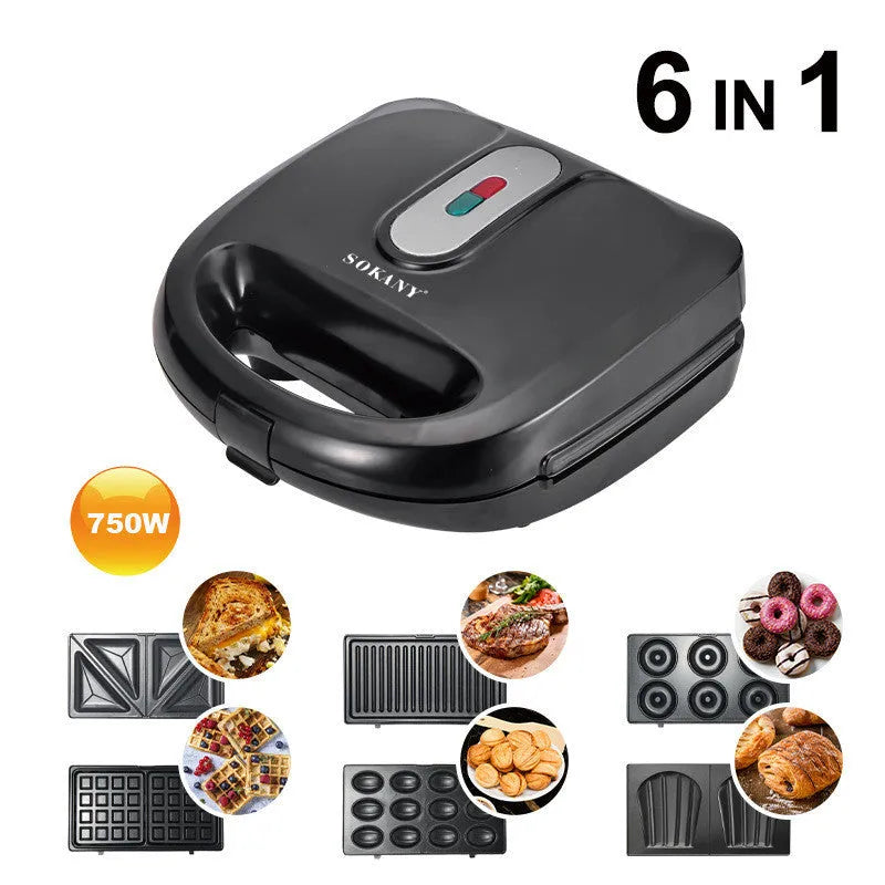 Black electric sandwich pan with brushed stainless steel top cover showing non-stick cooking surface