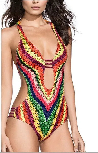 Women's printed one-piece swimsuit with open back, chest pad and rainbow colour option