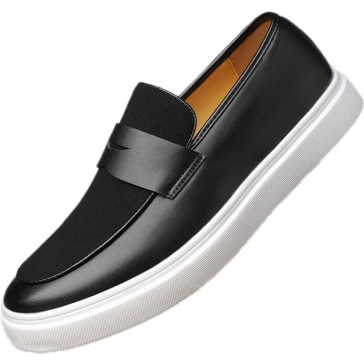 Black men's casual slip-on shoes with tassel detail and round toe on a gommino rubber sole