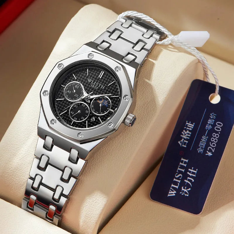 Women's watch with luminous steel strap calendar 29mm dial black face